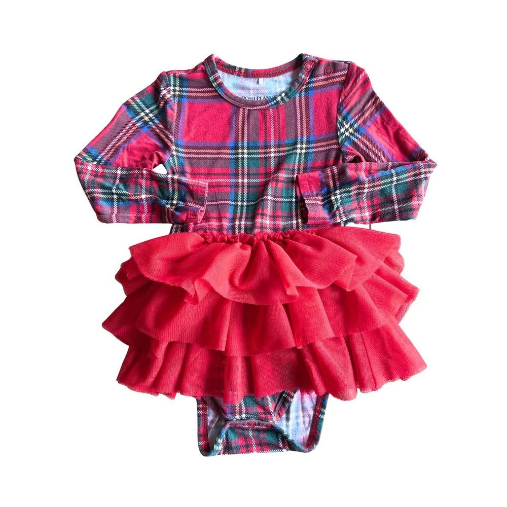 Posh Peanut Bamboo Christmas Holiday Tartan Plaid Ruffle Tutu Dress Romper
